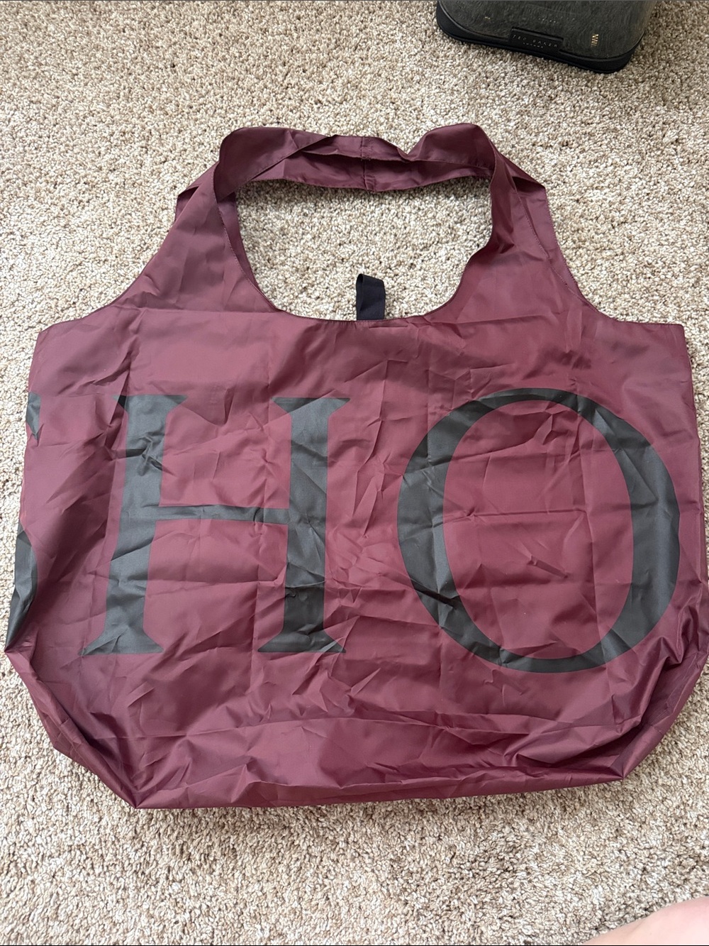 Packable Tote Bag in Burgundy with Black Lettering